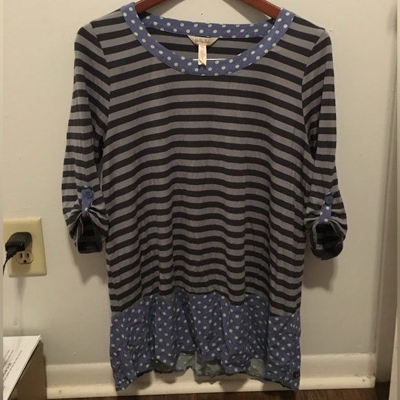 Matilda Jane Let's Get Lost Striped Tunic Top Blue Polka Dot Trim Roll Sleeve M - Picture 2 of 3